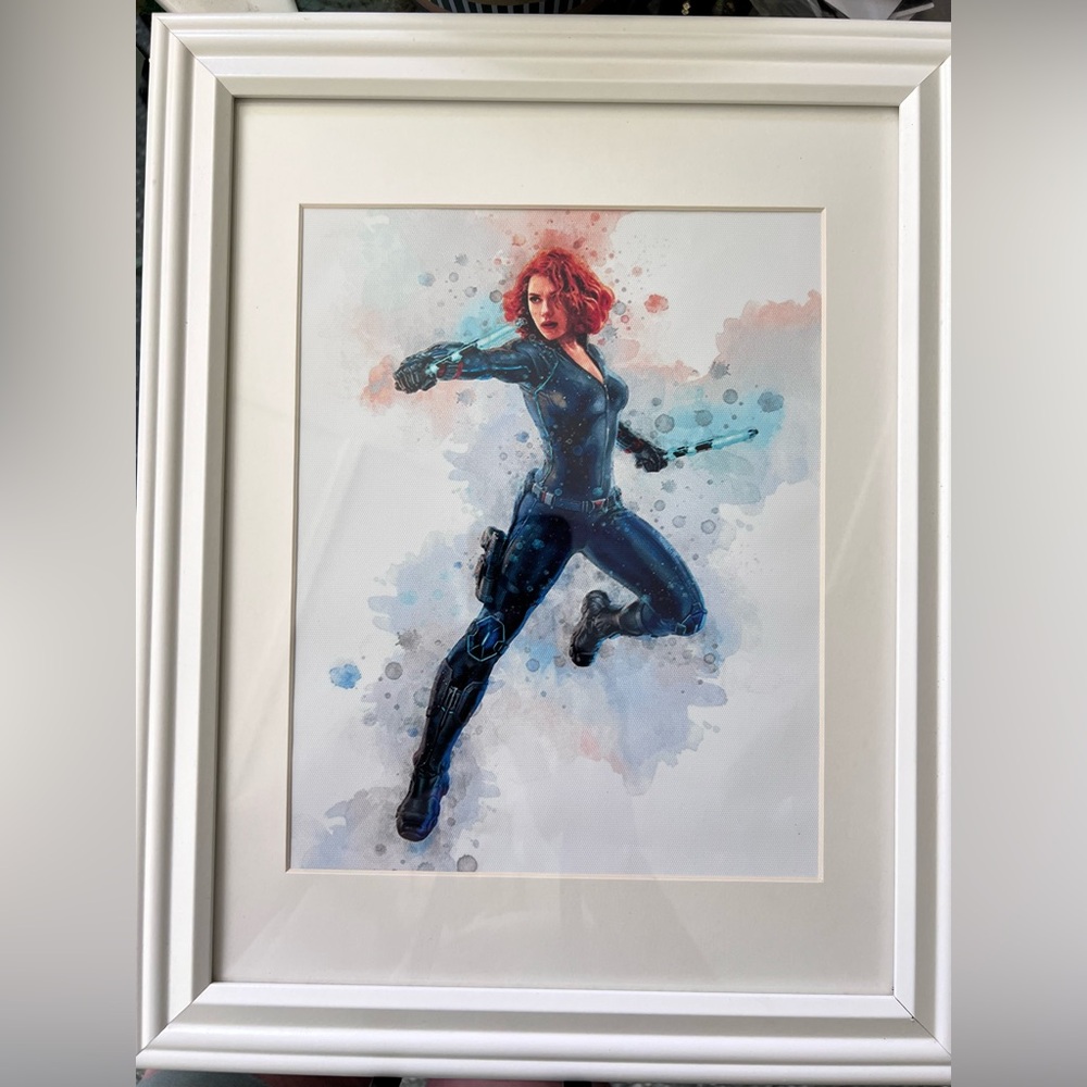 Black Widow Avengers Watercolor Art Print White Framed and Matted 15” H